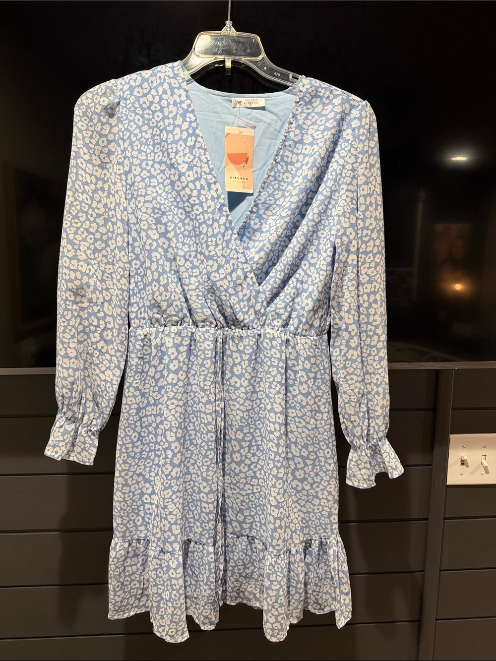 Women's Light Blue Floral Wrap-Style Long Sleeve Dress